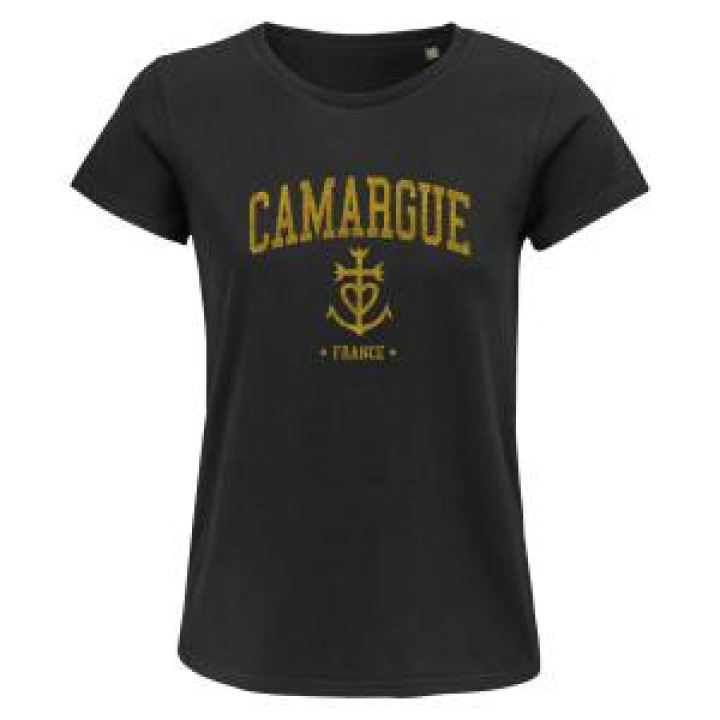 21186  Transfert Paillette En Or sur Tshirt Noir Camargue Croix