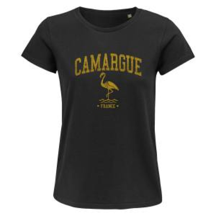 21187  Transfert Paillette En Or sur Tshirt Noir Camargue Flamant