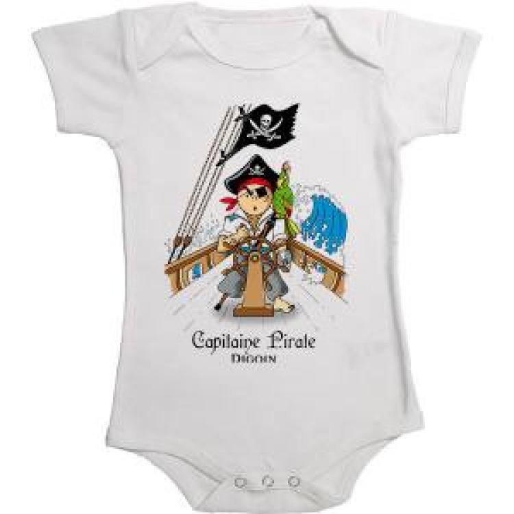 Body bébé Capitaine Pirate Digoin (Texte en Noir) Blanc 6/12 mois