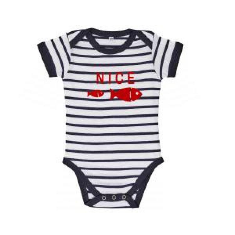 Body bébé rayé Transfert Floc 2 Poissons Nice blanc/marine 3/6 mois