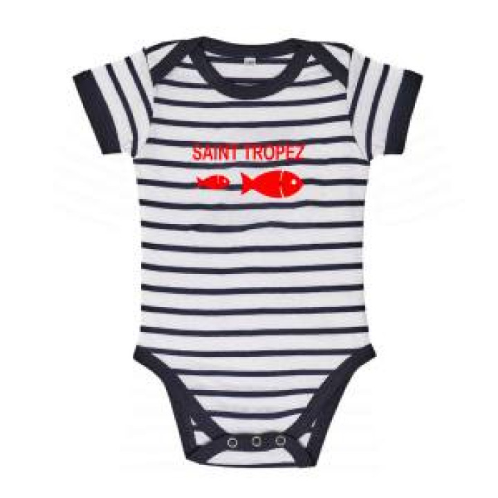 Body bébé rayé Transfert Floc 2 Poissons Saint Tropez blancmarine 36 mois