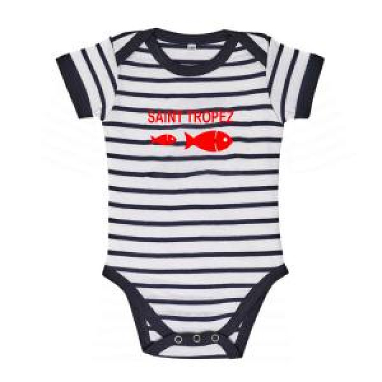 Body bébé rayé Transfert Floc 2 Poissons Saint Tropez blanc/marine 6/12 mois