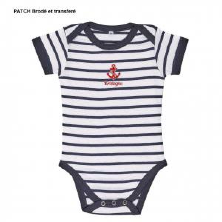 Body b&eacute;b&eacute; ray&eacute; Transfert Patch Bretagne + Ancre blanc/marine 12/18 mois