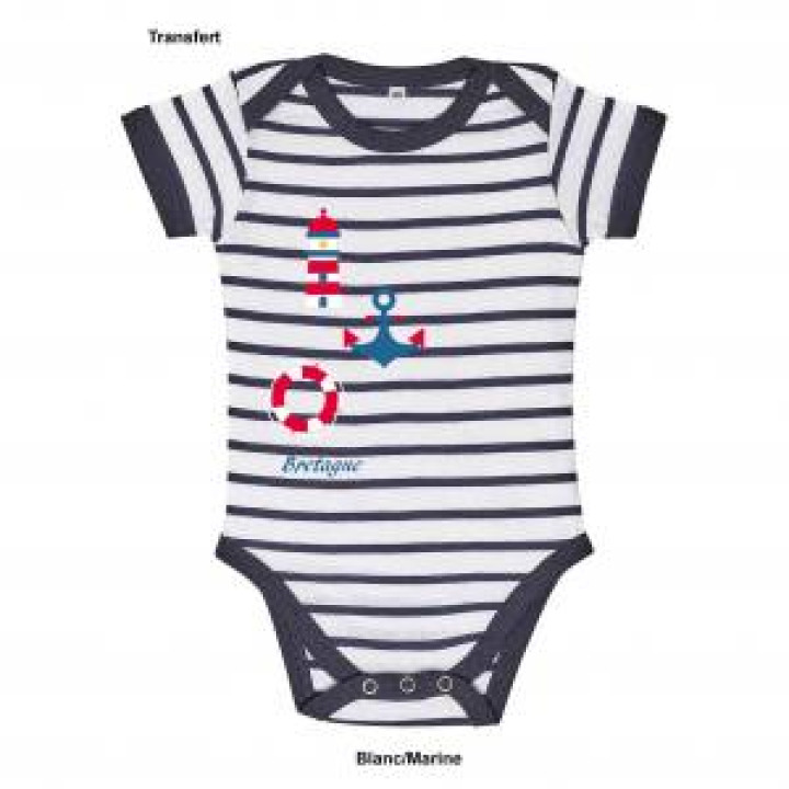 Body bébé rayé Transfert Phare Ancre Boue Bretagne blancmarine 36 mois