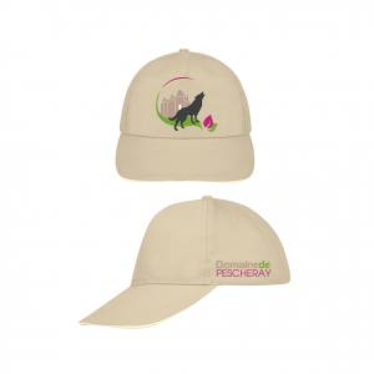 Casquette 5 panneaux E1289 Ref/ 33121 Broderie Face Loup + Ch&acirc;teau + transfert c&ocirc;t&eacute; gauche Domaine de Pescheray Beige / Blanc Taille unique