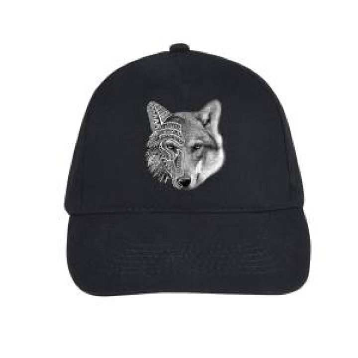 Casquette 5 panneaux Transfert Loup Natives Tribes  les Loups du Gévaudan Côté Gauche Noir Taille