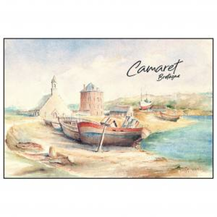 Coussin allover Aquarelle église Bateaux Port Camaret Palitine uni 60 x 40
