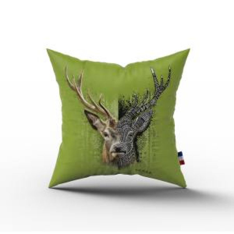 Coussin all-over Cerf Native Tribes Fond Vert Anis Cerza uni 40 x 40