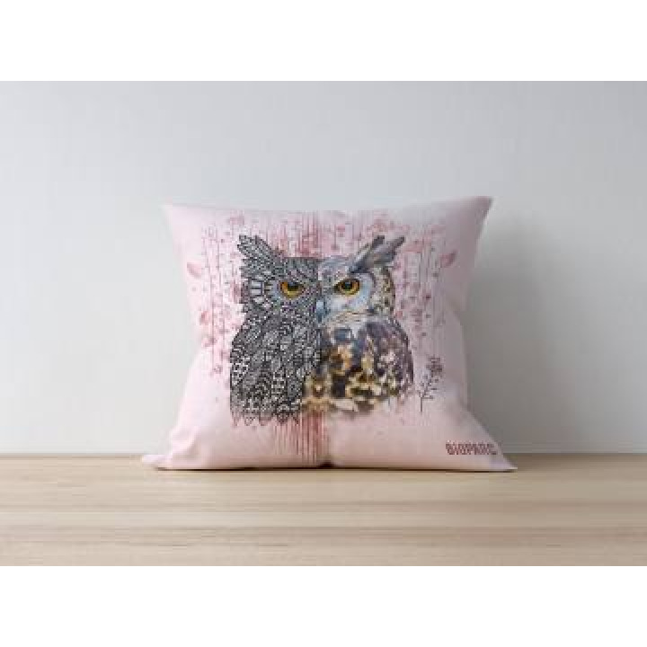 Coussin allover Chouette Été Native Tribes Rose Clair Bioparc uni 40 x 40