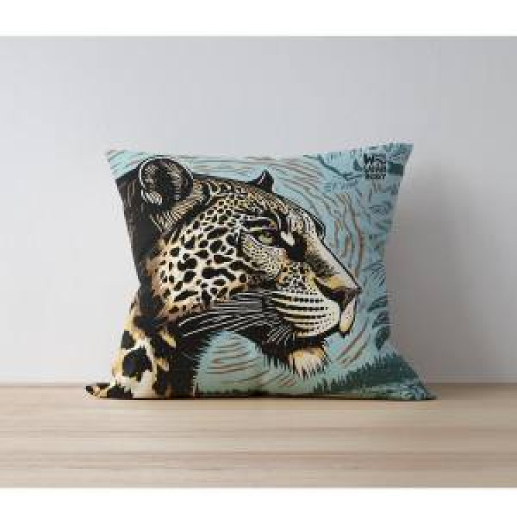 Coussin all-over L&eacute;opard Linocut Zoo de Thoiry (Orange Bleu Vert D'eau) uni 40 x 40