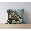 Coussin all-over L&eacute;opard Linocut Zoo de Thoiry (Orange Bleu Vert D'eau) uni 40 x 40