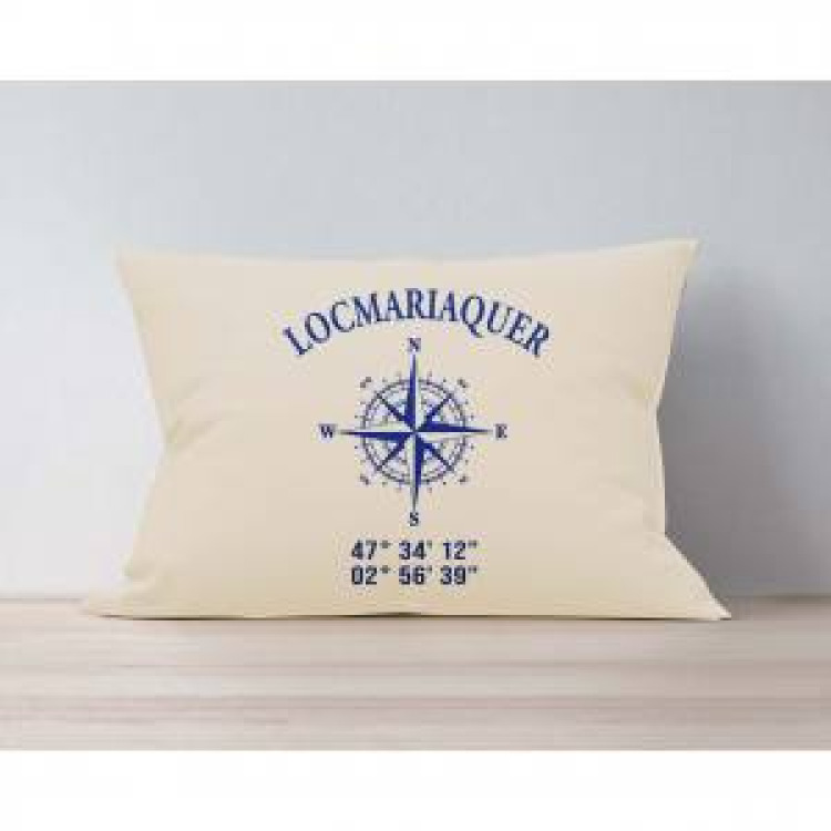 Coussin all-over Locmariaquer GPS Locmariaquer (Marine sur Fond Ecru) uni 60 x 40