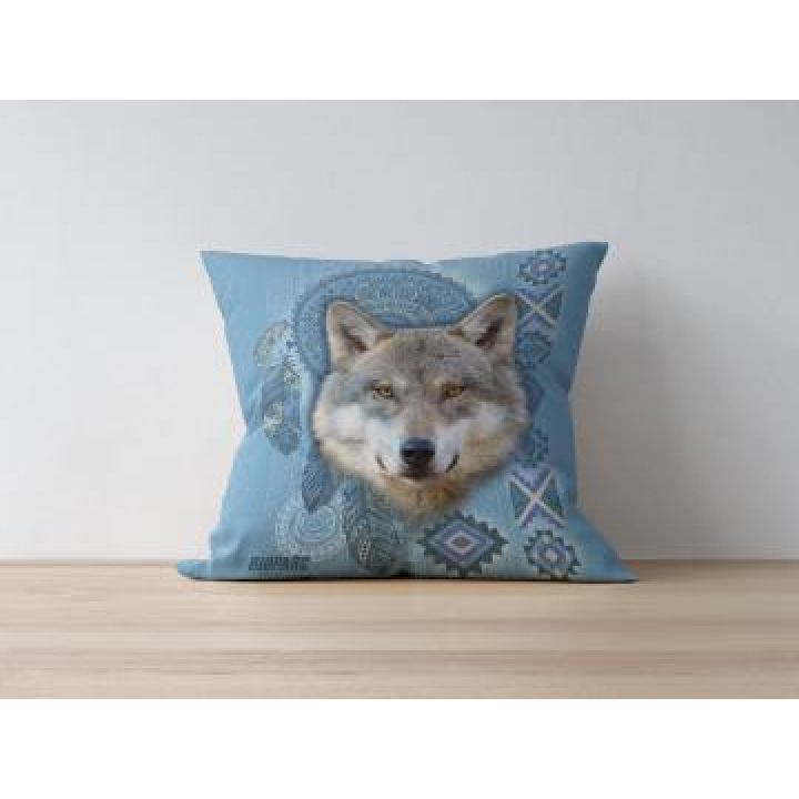 Coussin allover Loup Intemporel Bleu Beige Bioparc uni 40 x 40