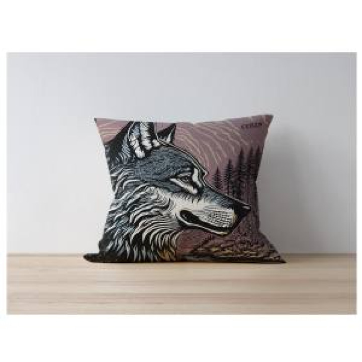 Coussin allover Loup Linocut Cerza Bleu Clair  Kaffa Coffee uni 40 x 40