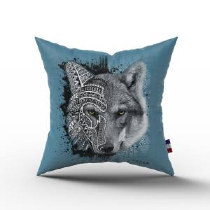Coussin allover Loup Native Tribes Citadel Bleu Lin Fin Cerza uni 40 x 40