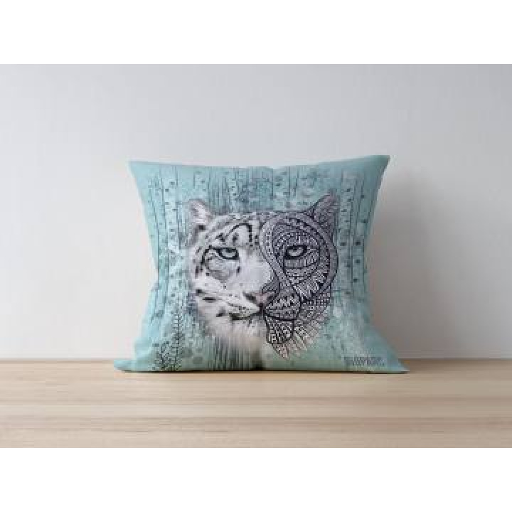 Coussin allover Panthère des Neiges Native Tribes Vert Deau Bioparc uni 40 x 40