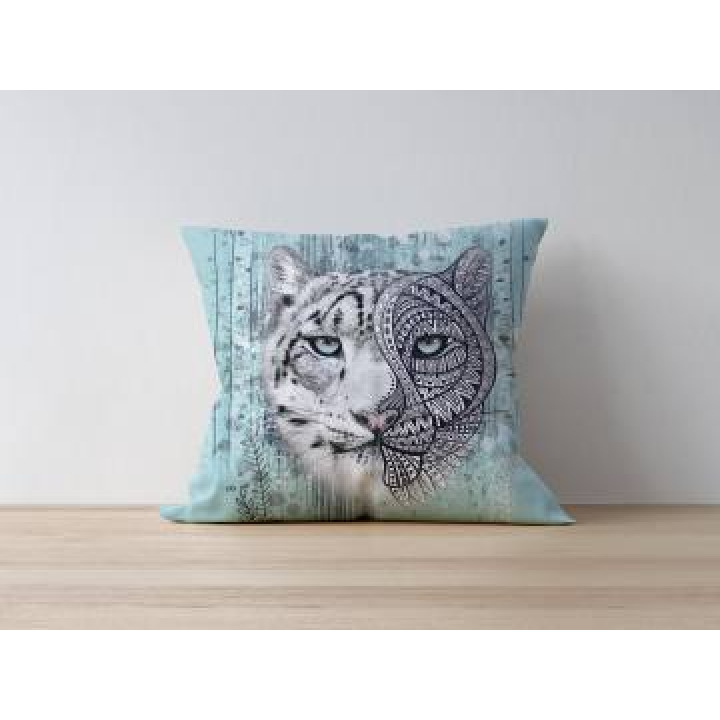 Coussin allover Panthère des Neiges Native Tribes Vert Deau uni 40 x 40