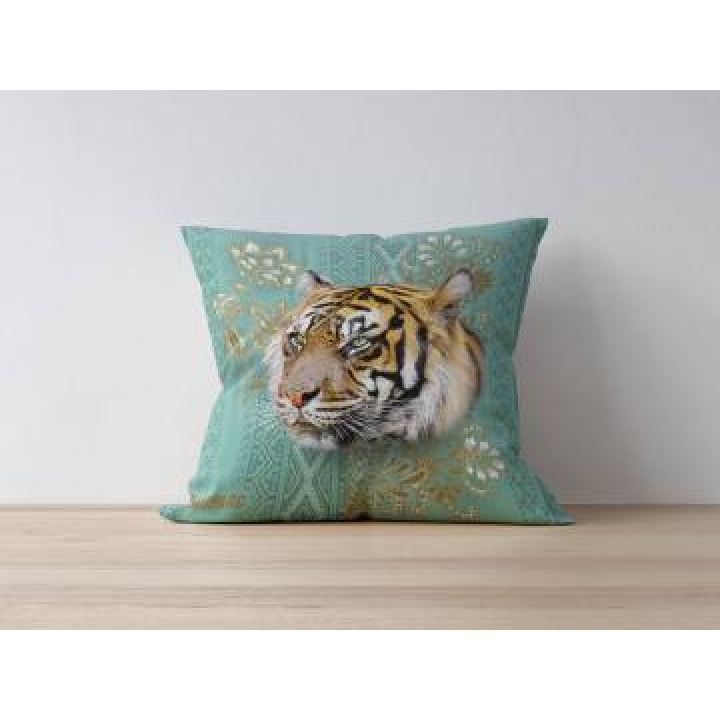 Coussin allover Tigre Intemporel Turquoise Cuivre Bioparc uni 40 x 40