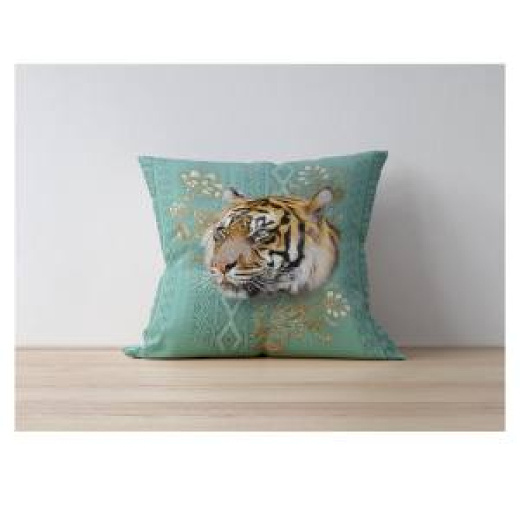 Coussin all-over Tigre Intemporel (Turquoise Cuivre) uni 40 x 40