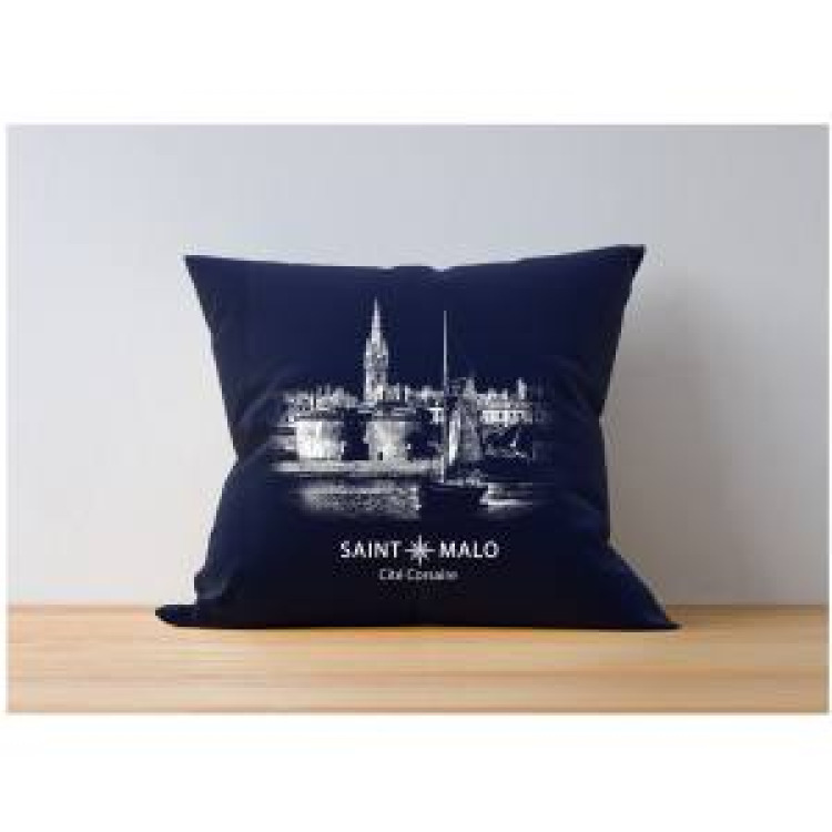 Coussin all-over Vue de Saint Malo Saint Malo Cit&eacute; Corsaire (En Marine Impression Blanc) uni 40 x 40