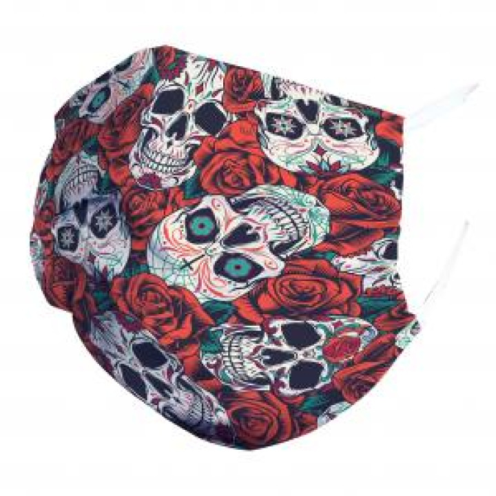 Masque en tissu Têtes de Mort et Roses Blanc Taille unique