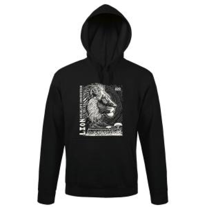 Sweatshirt à capuche bio Lion Linocut Gamme Black Zoo de Jurques Black S