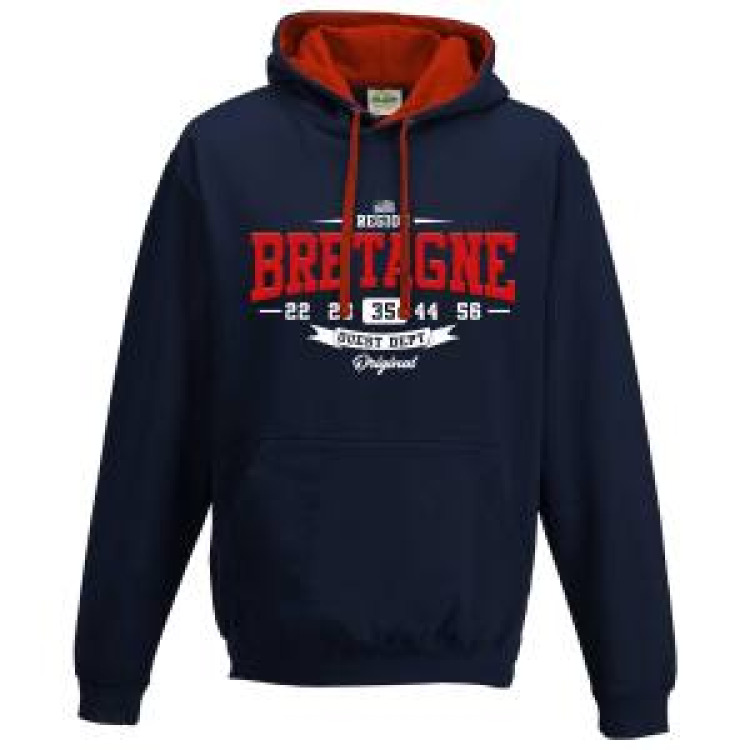 Sweatshirt &agrave; capuche contrast&eacute;e R&eacute;gion Ouest Dept Ille et Vilaine + Tranferts Brick Bretagne New french navy/fire red L