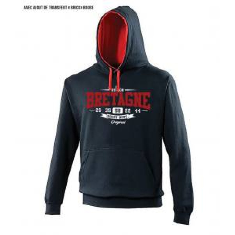 Sweatshirt &agrave; capuche contrast&eacute;e R&eacute;gion Ouest Dept Morbihan + TranferT-shirt Brick Bretagne FRENCH NAVY/Fire Red M