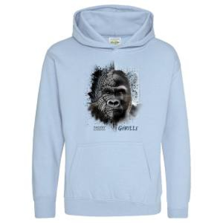 Sweatshirt &agrave; capuche enfant Gorille Native Tribes Zoo de Thoiry + transfert Col Zoo de Thoiry Sky Blue 9/11 ans