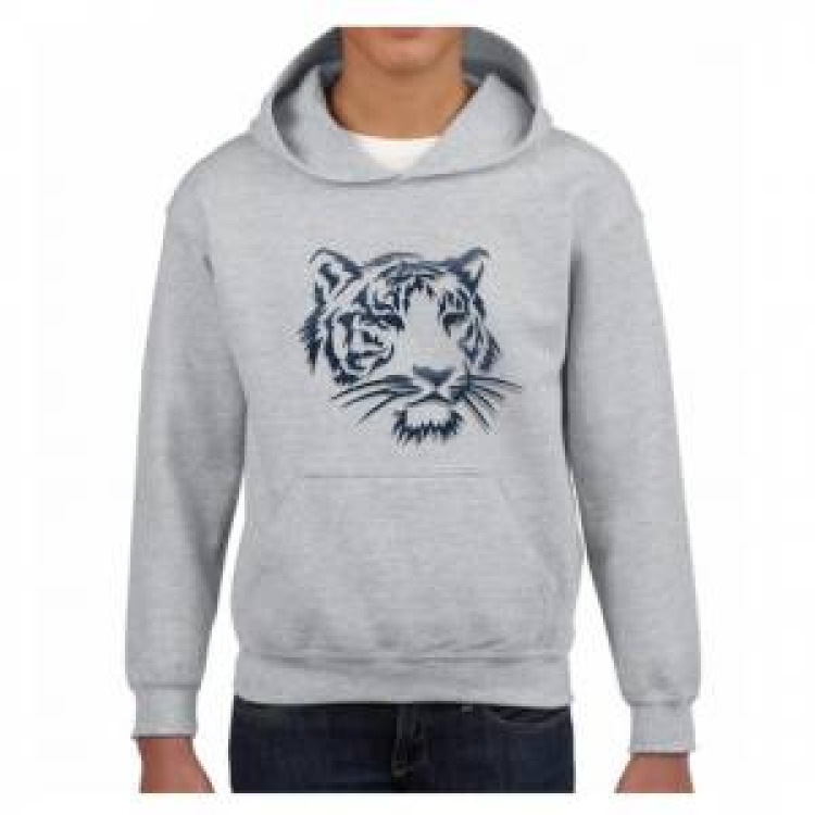 Sweatshirt &agrave; capuche enfant Transfert Flocage Feutrine T&ecirc;te de Tigre (Pas de Personnalisation sur le Dessin) en Bleu Sport Grey 3/4 ans