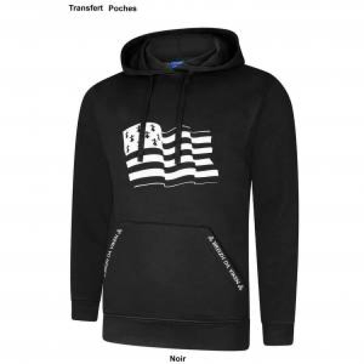 Sweatshirt unisexe &agrave; capuche Drapeau Bretagne + transfert Poches Breizh Da Viken Noir L