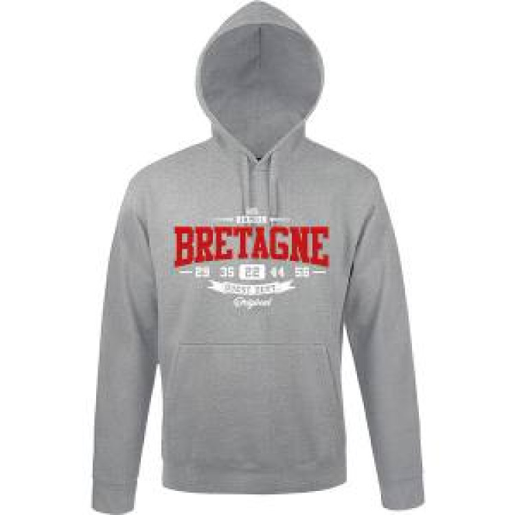 Sweatshirt unisexe &agrave; capuche R&eacute;gion Ouest Dept Bretagne en Rouge (C&ocirc;tes d&rsquo;Armor 22) + transfert Bretagne Gris Chin&eacute; S