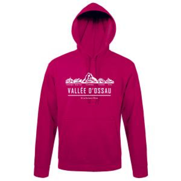 Sweatshirt unisexe à capuche Sérigraphie Vallée DOssau Panoramique de 5 Montagne Logo 2022 Fuschi