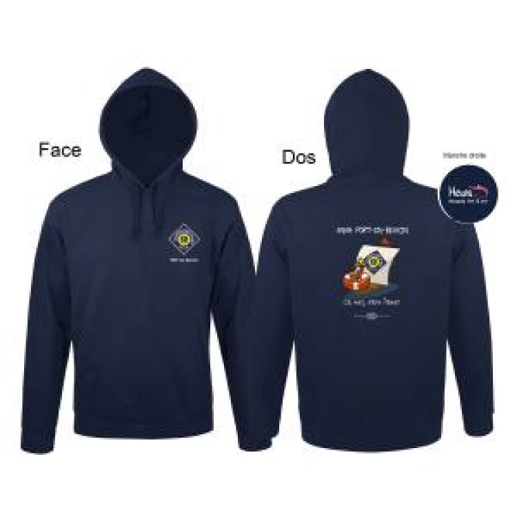 Sweatshirt unisexe &agrave; capuche SNSM la Mer sans l&rsquo;amer Port en Bessin + transfert Crevette manche droite 6 Cm French Marine L