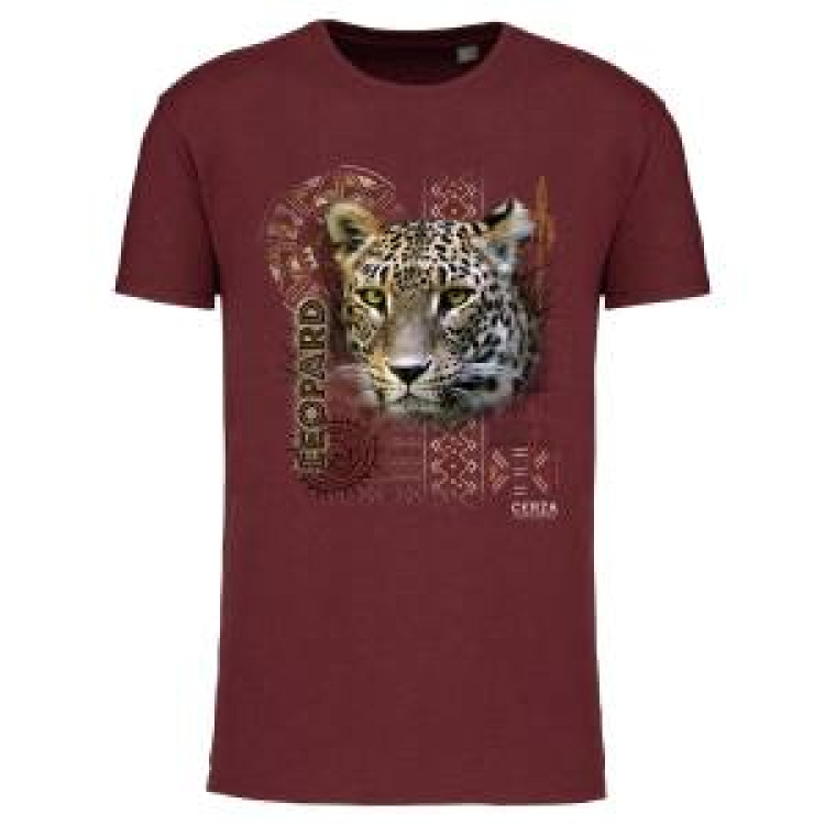 T-shirt bio L&eacute;opard Intemporel Cerza + transfert Col Cerza Wine Heather L