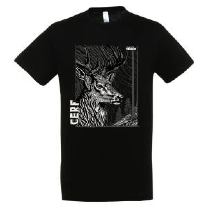 Tshirt enfant bio ajusté Cerf Linocut Safari Train Noir Profond 4 ans