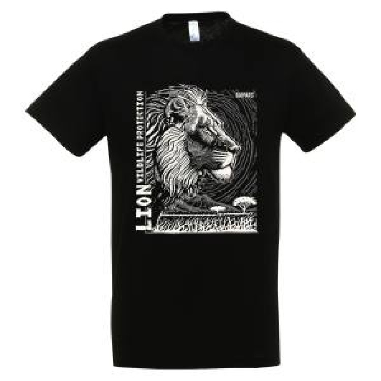 T-shirt enfant bio ajusté Lion Linocut Gamme Black + transfert Col Bioparc Noir Profond 8 ans