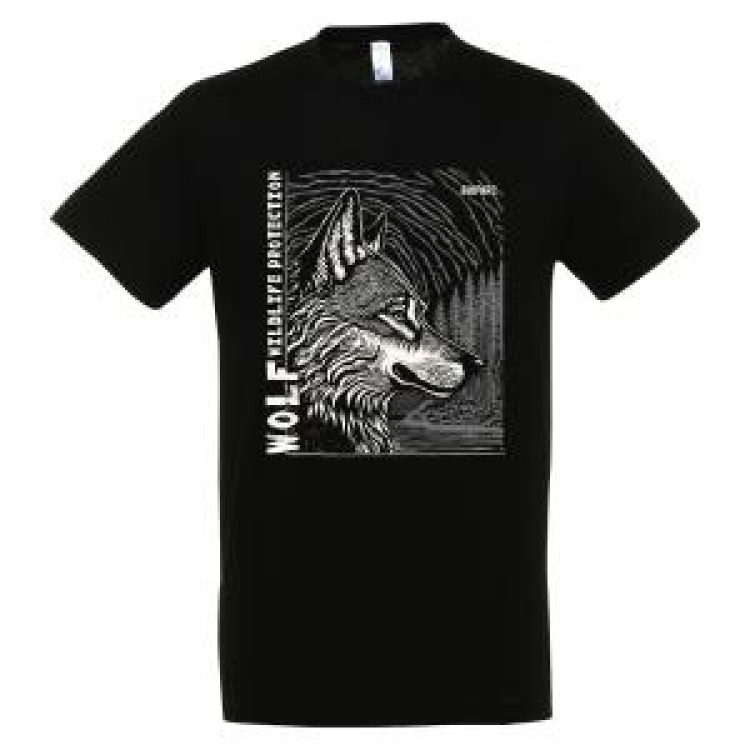 T-shirt enfant bio ajust&eacute; Loup Linocut Gamme Black Bioparc + transfert Col Bioparc Noir Profond 6 ans
