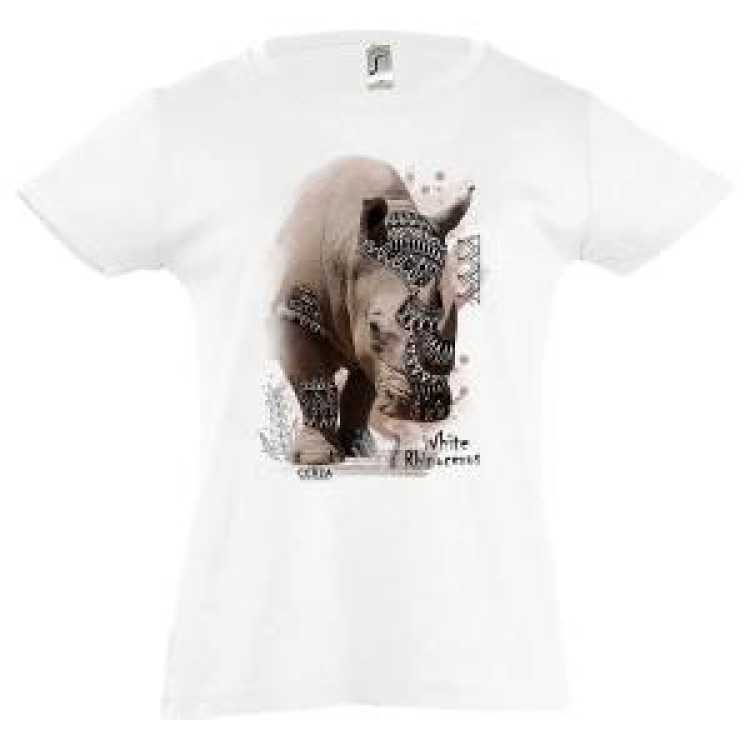 T-shirt enfant bio ajust&eacute; Rhino Natives Tribes + transfert Col Cerza Blanc 10 ans