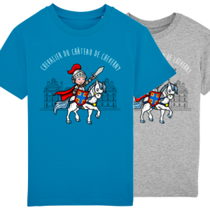 Tshirt enfant bio Chevalier du Château de Cheverny  transfert Epée et Casque en métal Azur 56 ans