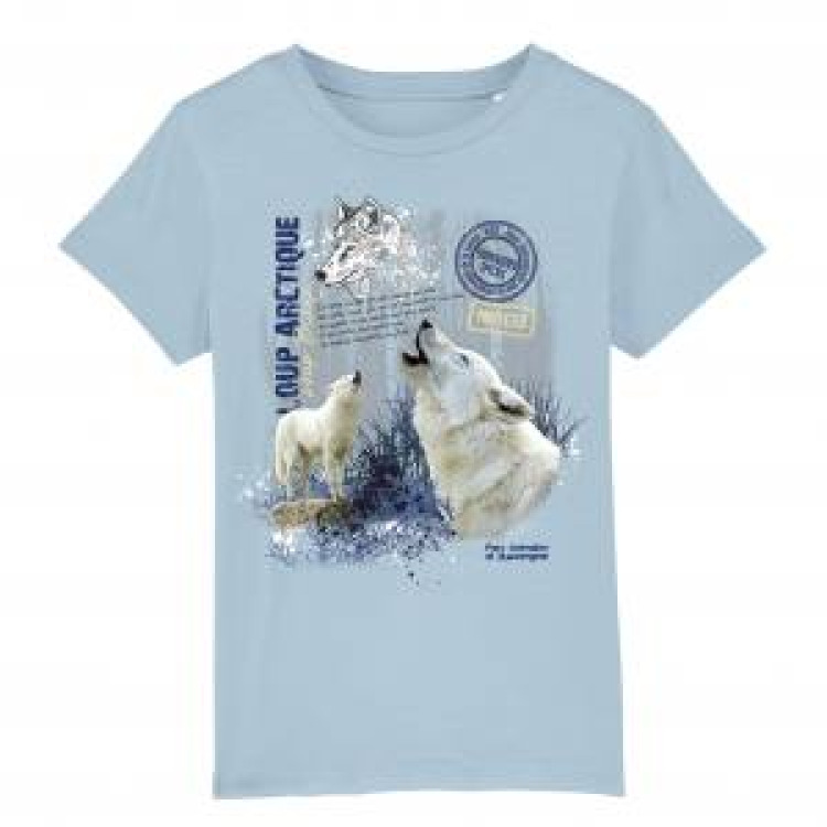 T-shirt enfant bio Loup Arctique Parc Animalier d&rsquo;Auvergne + transfert Col Parc Animalier d&rsquo;Auvergne Sky Blue 7/8 ans