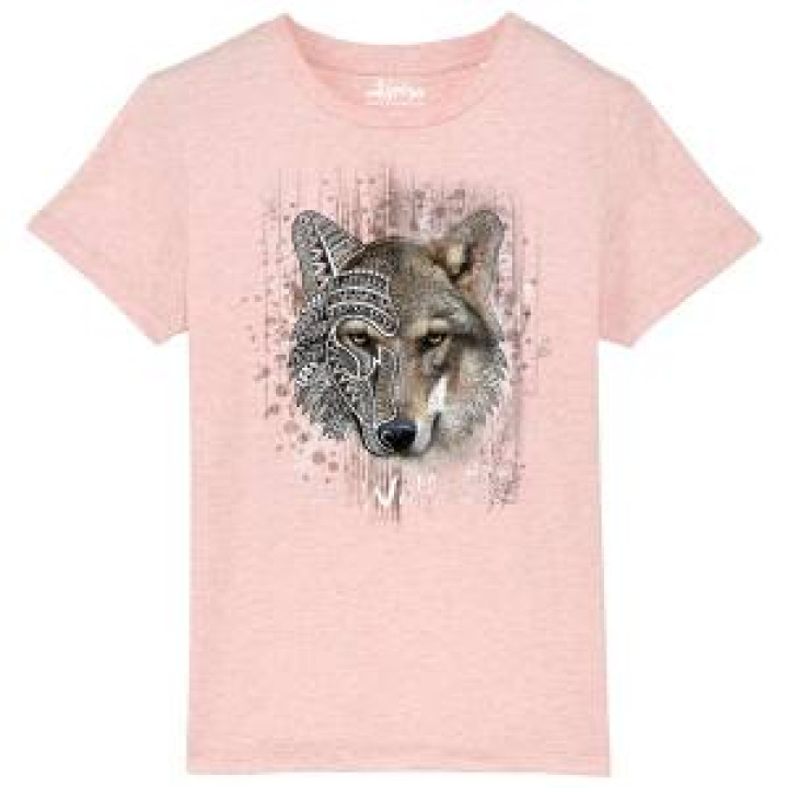 Tshirt enfant bio Loup Native Tribes Alpha Parc Animalier  transfert Col Alpha Parc Animalier Cream Heather Pink 56 ans