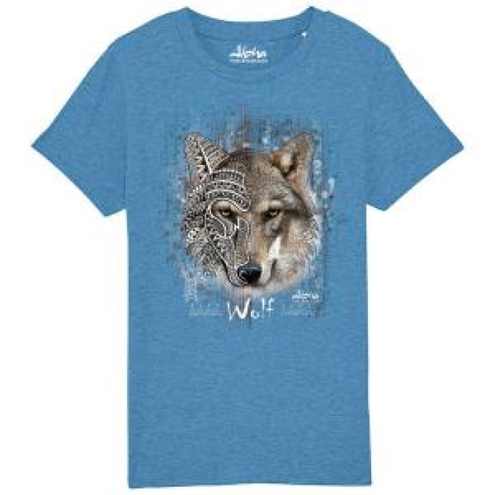 Tshirt enfant bio Loup Native Tribes Alpha Parc Animalier  transfert Col Alpha Parc Animalier Mid Heather Blue 56 ans