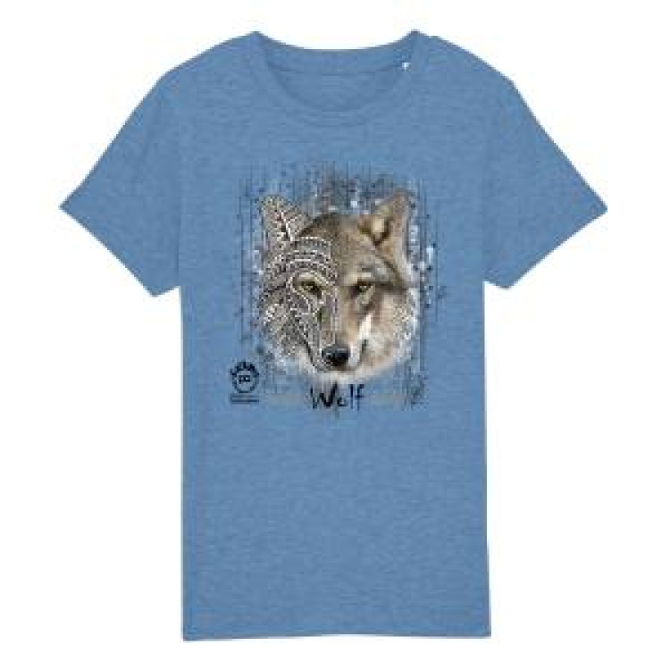 T-shirt enfant bio Loup Native Tribes + transfert Col Parc Animalier des Pyr&eacute;n&eacute;es Mid Heather Blue 3/4 ans