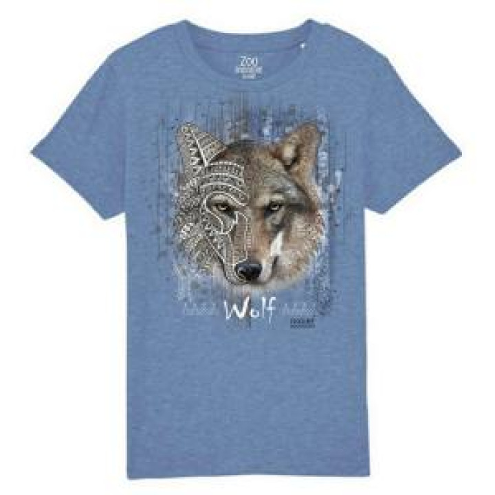 Tshirt enfant bio Loup Native Tribes Zoo de Thoiry  transfert Col Zoo de Thoiry Mid Heather Blue 56 ans