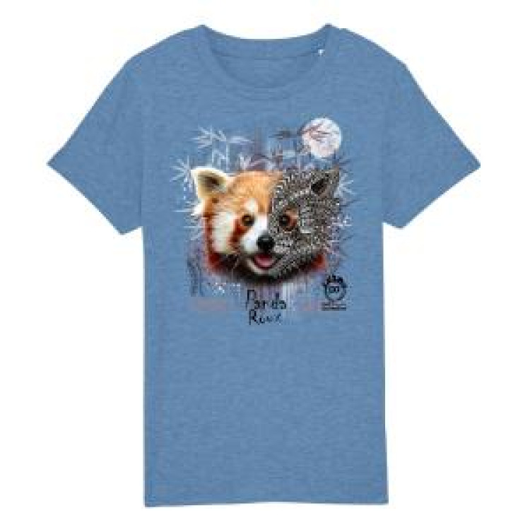 T-shirt enfant bio Panda Roux Native Tribes + transfert Col Parc Animalier des Pyr&eacute;n&eacute;es Mid Heather Blue 3/4 ans