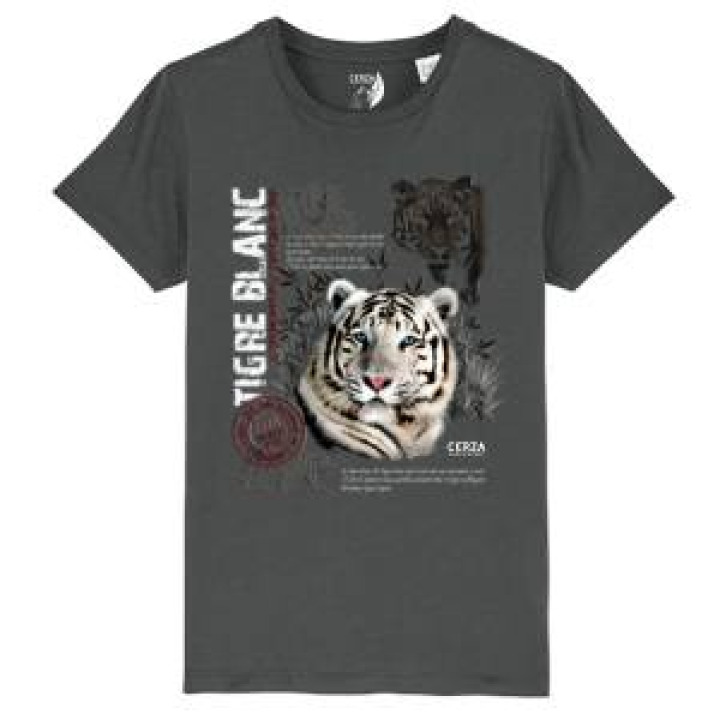 Tshirt enfant bio Tigre Blanc Cerza  transfert Col Cerza Anthracite 56 ans