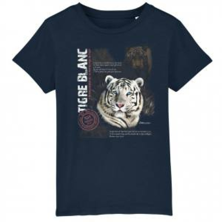 Tshirt enfant bio Tigre Blanc Zoo de la Fleche French Navy 56 ans