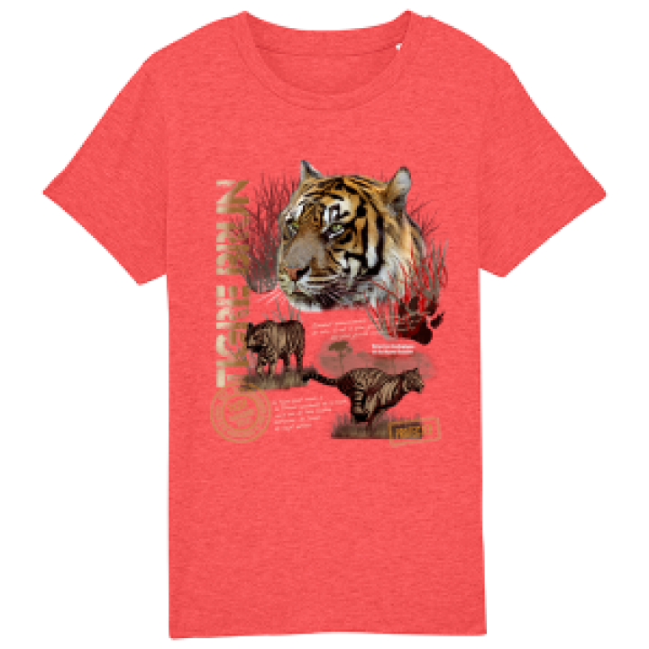 Tshirt enfant bio Tigre Brun Réserve de la Haute Touche Mid Heather Red 56 ans