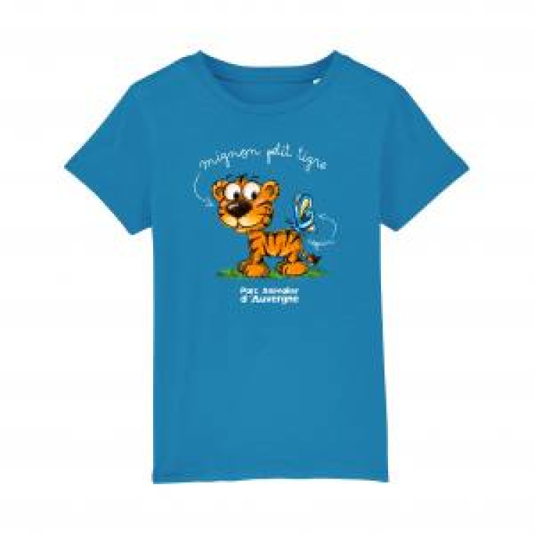 T-shirt enfant bio Tigre Parc Animalier d&rsquo;Auvergne + transfert Col Parc Animalier d&rsquo;Auvergne Azur 3/4 ans
